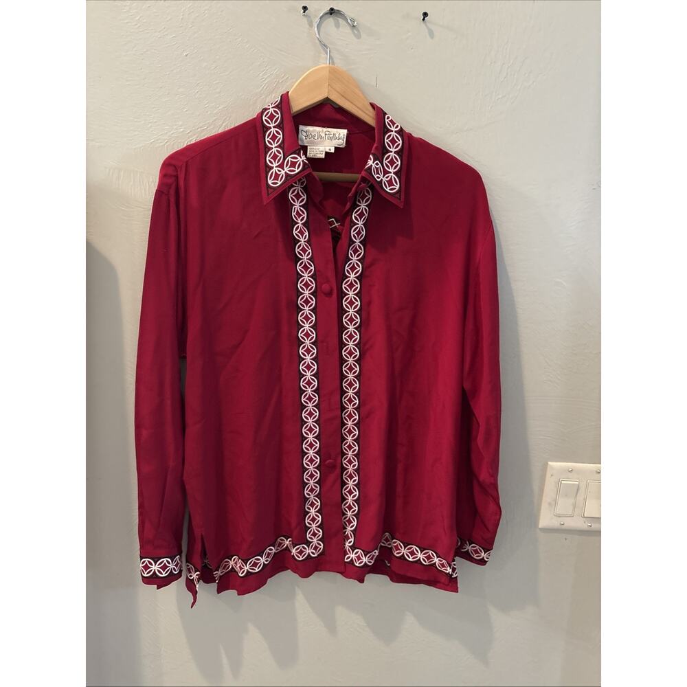 Red Vintage DVF Diane Von Furstenberg Silk‎ Blouse Edgy Quirky Creative Eclectic